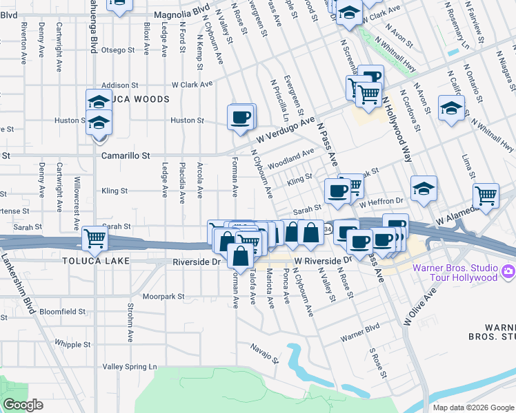 map of restaurants, bars, coffee shops, grocery stores, and more near 4636 Talofa Avenue in Los Angeles