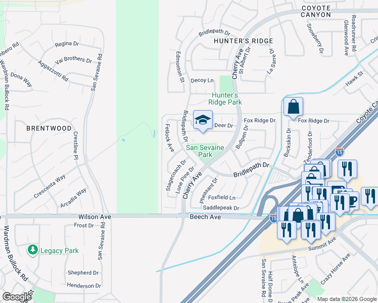 map of restaurants, bars, coffee shops, grocery stores, and more near 5451 Wrangler Drive in Fontana