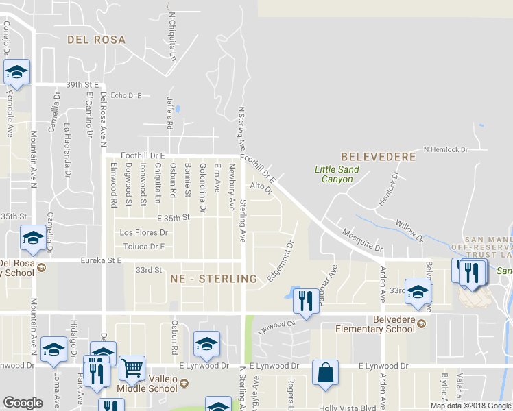 map of restaurants, bars, coffee shops, grocery stores, and more near 25737 Segundo Court in San Bernardino