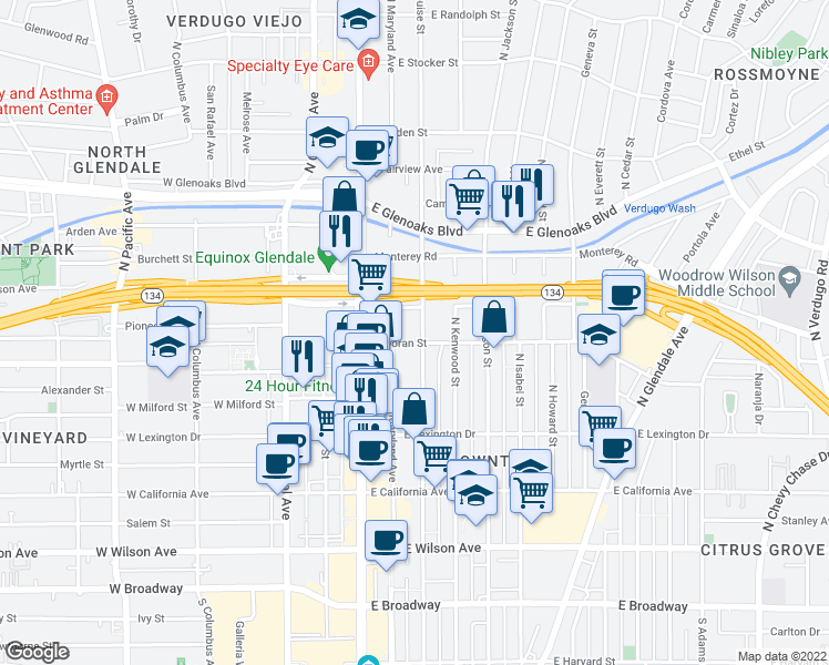 map of restaurants, bars, coffee shops, grocery stores, and more near 605 North Louise Street in Glendale