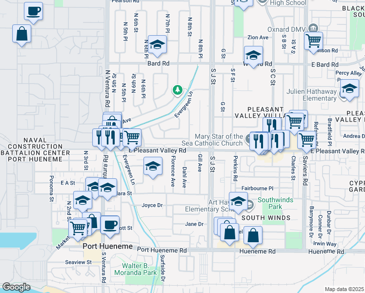 map of restaurants, bars, coffee shops, grocery stores, and more near 767 East Pleasant Valley Road in Port Hueneme