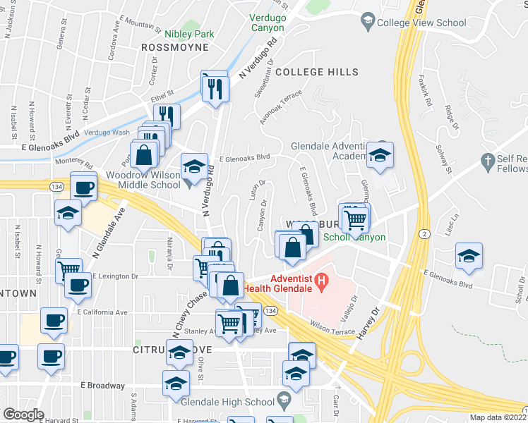 map of restaurants, bars, coffee shops, grocery stores, and more near 624 Canyon Drive in Glendale