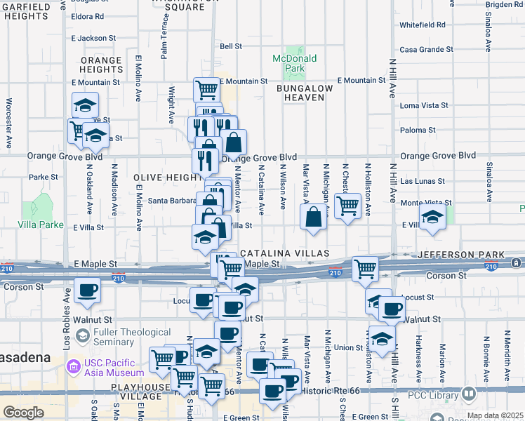 map of restaurants, bars, coffee shops, grocery stores, and more near 526 North Catalina Avenue in Pasadena