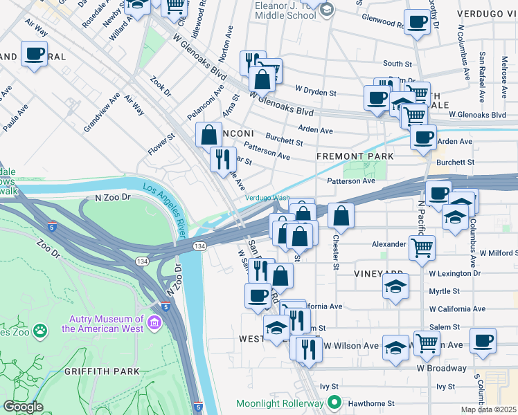 map of restaurants, bars, coffee shops, grocery stores, and more near Fairmont Avenue in Glendale