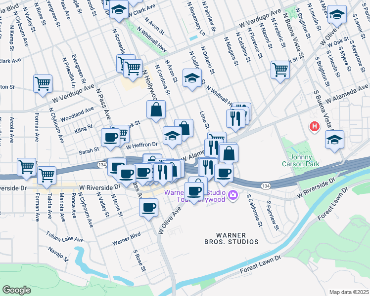 map of restaurants, bars, coffee shops, grocery stores, and more near 210 North Cordova Street in Burbank