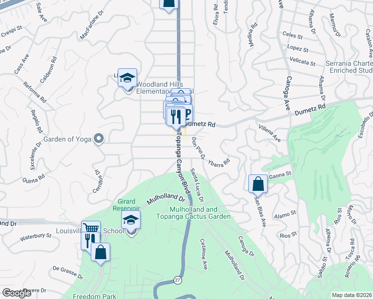 map of restaurants, bars, coffee shops, grocery stores, and more near 21924 Buenaventura Street in Los Angeles