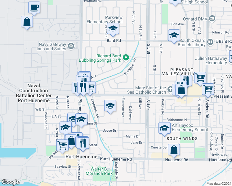 map of restaurants, bars, coffee shops, grocery stores, and more near 677 East Pleasant Valley Road in Port Hueneme