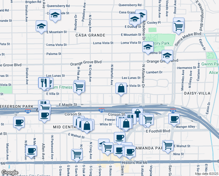 map of restaurants, bars, coffee shops, grocery stores, and more near 2276 Monte Vista Street in Pasadena