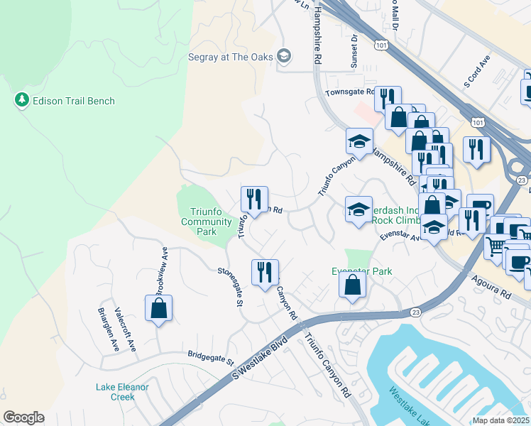 map of restaurants, bars, coffee shops, grocery stores, and more near 792 Triunfo Canyon Road in Westlake Village