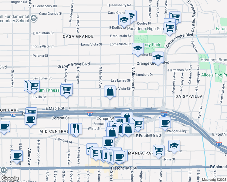 map of restaurants, bars, coffee shops, grocery stores, and more near 2406 Monte Vista Street in Pasadena