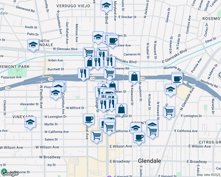 map of restaurants, bars, coffee shops, grocery stores, and more near 600 North Brand Boulevard in Glendale