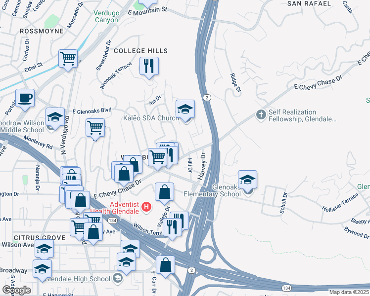 map of restaurants, bars, coffee shops, grocery stores, and more near 612 Corwin Avenue in Glendale