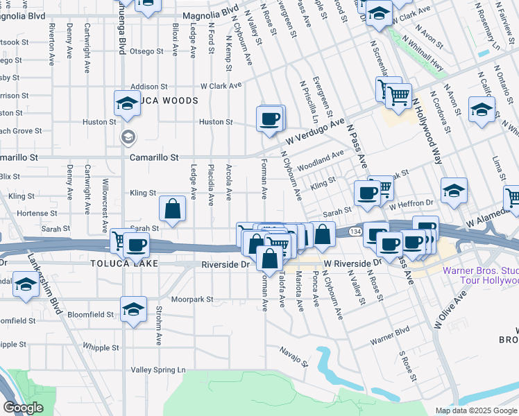 map of restaurants, bars, coffee shops, grocery stores, and more near 4639 Forman Avenue in Los Angeles
