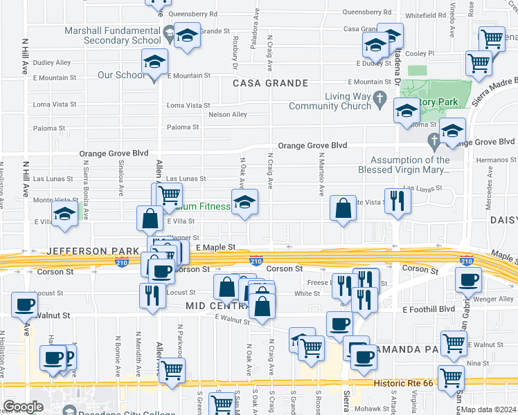 map of restaurants, bars, coffee shops, grocery stores, and more near 2106 Monte Vista Street in Pasadena