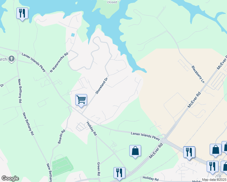 map of restaurants, bars, coffee shops, grocery stores, and more near 6132 Hutchins Drive in Buford