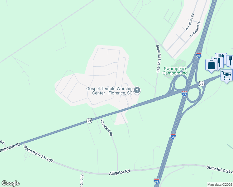 map of restaurants, bars, coffee shops, grocery stores, and more near 1643 Lake Wateree Drive in Florence