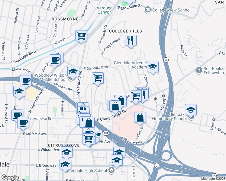 map of restaurants, bars, coffee shops, grocery stores, and more near 2 Sinclair Avenue in Glendale