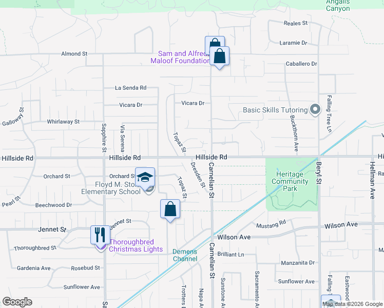 map of restaurants, bars, coffee shops, grocery stores, and more near 8628 Hillside Road in Rancho Cucamonga