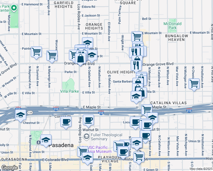 map of restaurants, bars, coffee shops, grocery stores, and more near 537 North El Molino Avenue in Pasadena