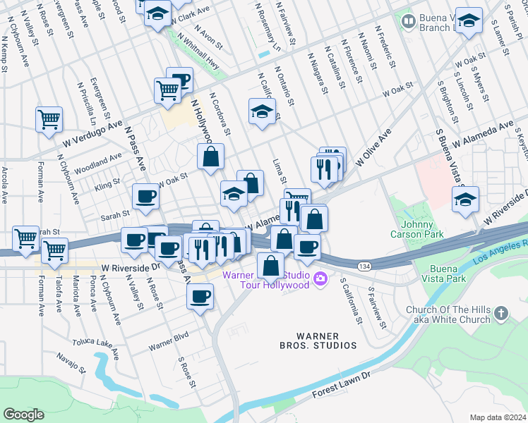 map of restaurants, bars, coffee shops, grocery stores, and more near 210 North Cordova Street in Burbank