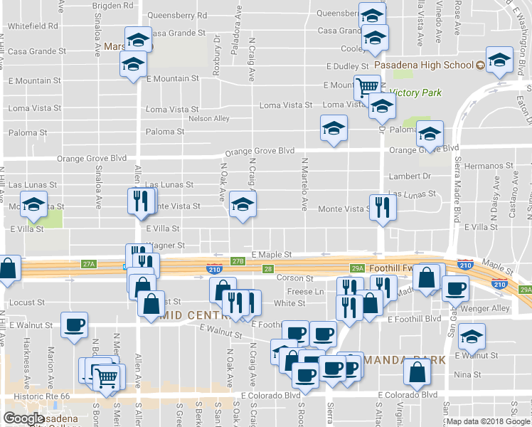 map of restaurants, bars, coffee shops, grocery stores, and more near 2176 Monte Vista Street in Pasadena