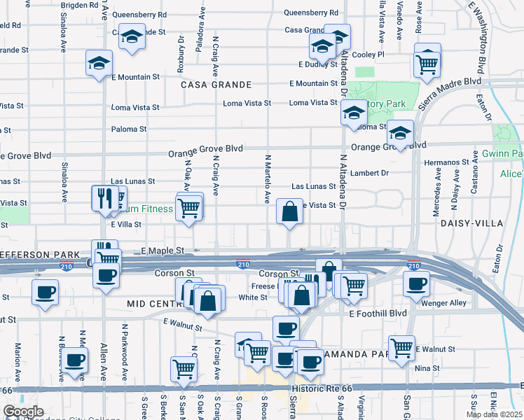 map of restaurants, bars, coffee shops, grocery stores, and more near 2276 Monte Vista Street in Pasadena