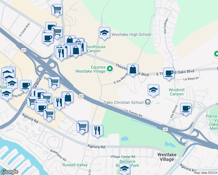 map of restaurants, bars, coffee shops, grocery stores, and more near 120 Via Merida in Thousand Oaks