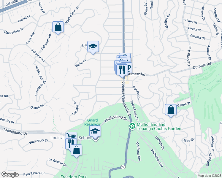 map of restaurants, bars, coffee shops, grocery stores, and more near 22050 Buenaventura Street in Los Angeles