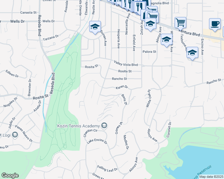 map of restaurants, bars, coffee shops, grocery stores, and more near 18066 Karen Drive in Los Angeles