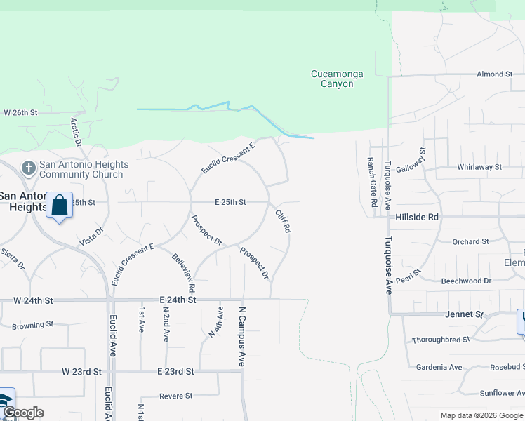 map of restaurants, bars, coffee shops, grocery stores, and more near 2495 Highland Road in Upland