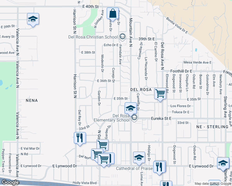 map of restaurants, bars, coffee shops, grocery stores, and more near 3512 Conejo Drive in San Bernardino