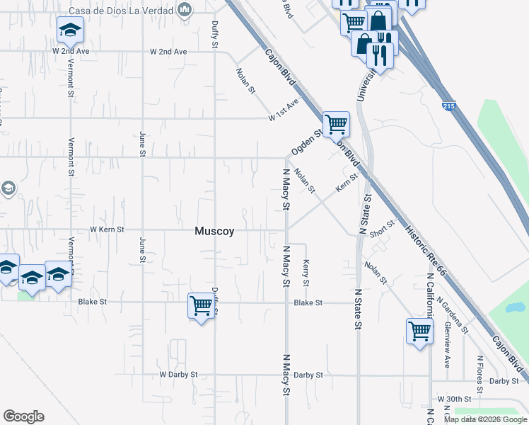 map of restaurants, bars, coffee shops, grocery stores, and more near 3240 North Macy Street in Muscoy
