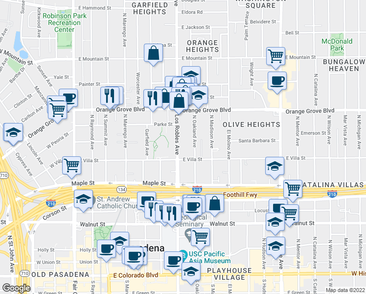 map of restaurants, bars, coffee shops, grocery stores, and more near 519 North Los Robles Avenue in Pasadena