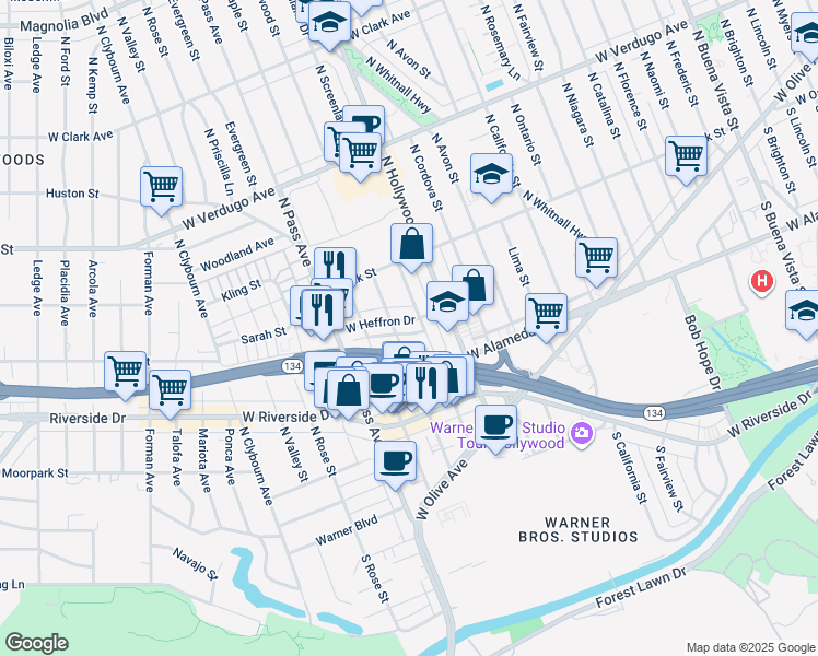 map of restaurants, bars, coffee shops, grocery stores, and more near 3810 West Heffron Drive in Burbank