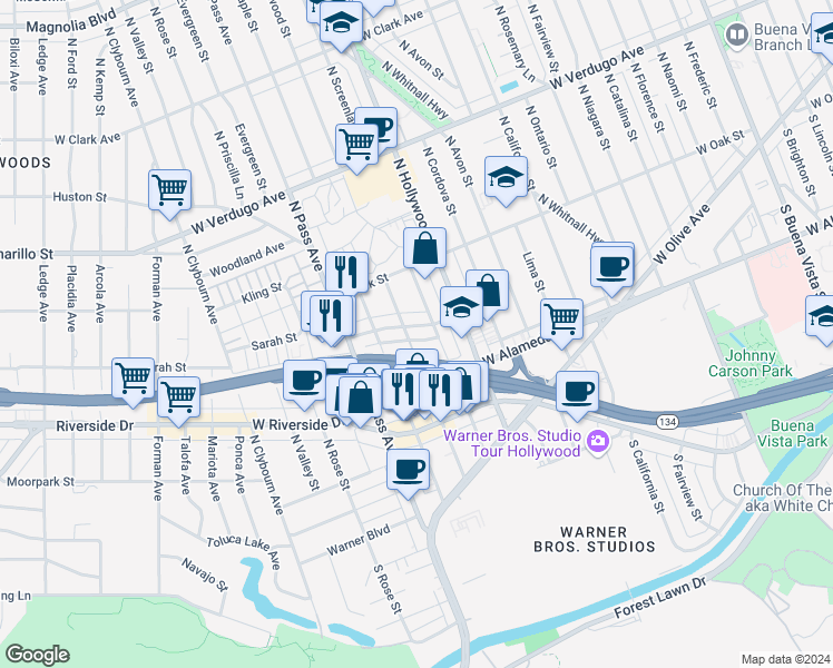 map of restaurants, bars, coffee shops, grocery stores, and more near 3810 West Heffron Drive in Burbank