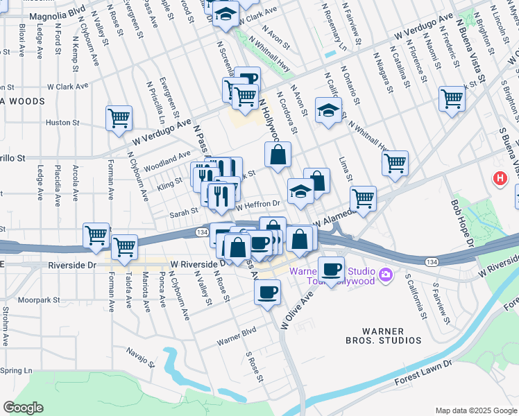 map of restaurants, bars, coffee shops, grocery stores, and more near 3918 West Heffron Drive in Burbank