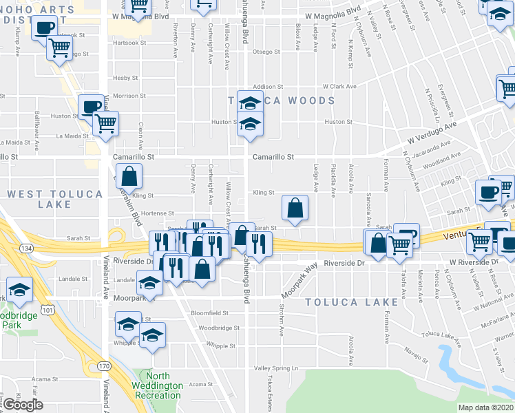 map of restaurants, bars, coffee shops, grocery stores, and more near 4636 Cahuenga Boulevard in Los Angeles