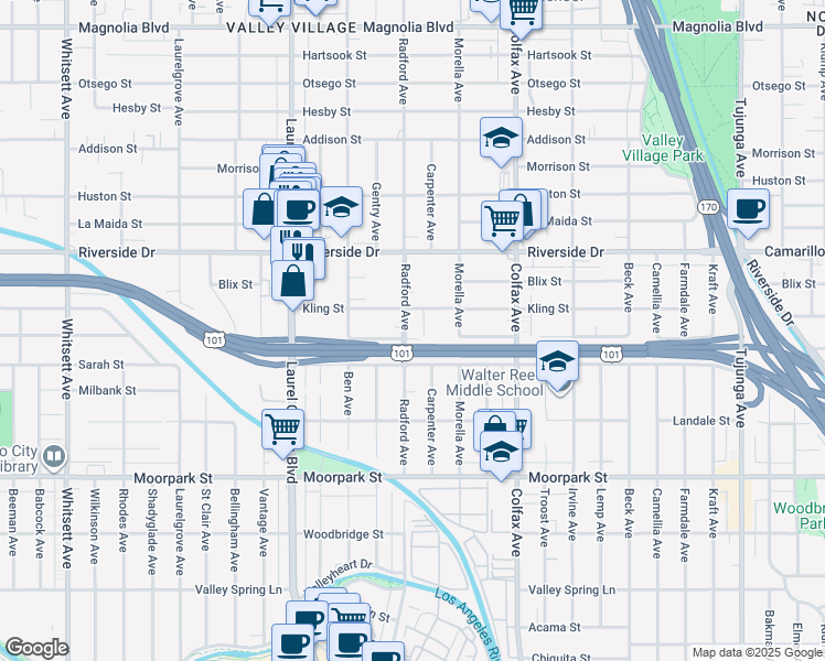 map of restaurants, bars, coffee shops, grocery stores, and more near 4640 Radford Avenue in Los Angeles