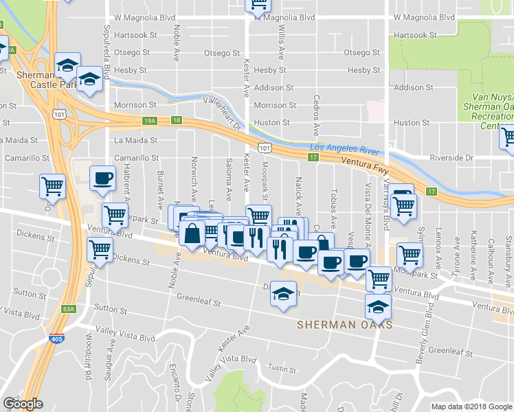 map of restaurants, bars, coffee shops, grocery stores, and more near 4650 Kester Avenue in Los Angeles