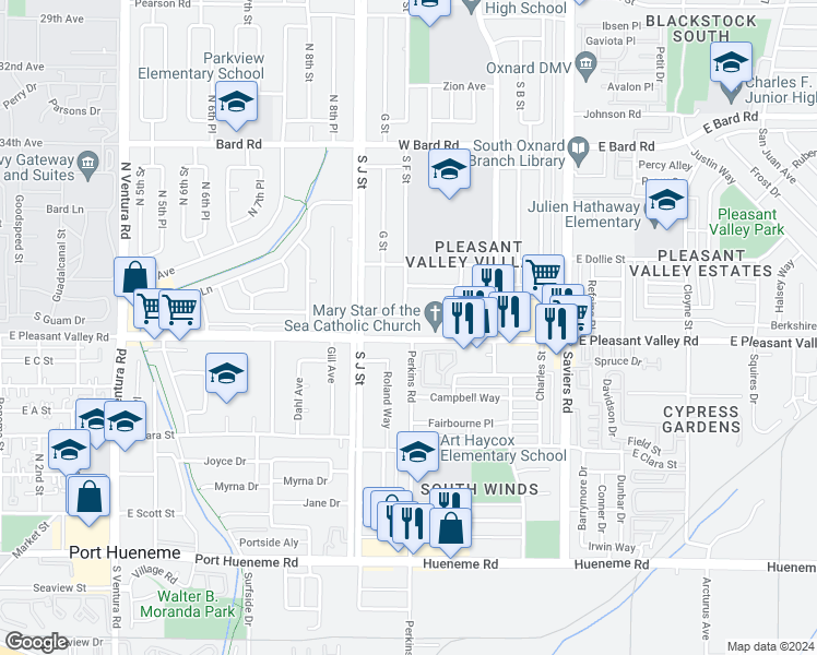 map of restaurants, bars, coffee shops, grocery stores, and more near 591 West Pleasant Valley Road in Oxnard