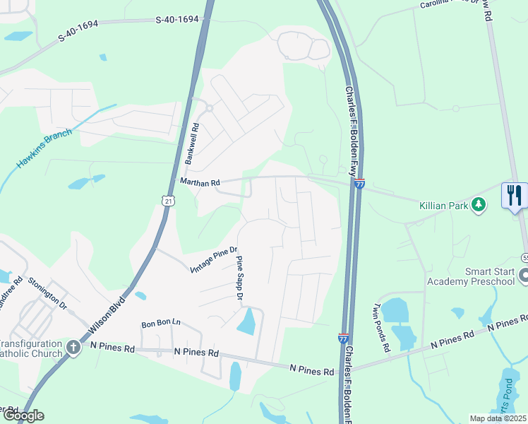 map of restaurants, bars, coffee shops, grocery stores, and more near 1128 Marthan Road in Blythewood