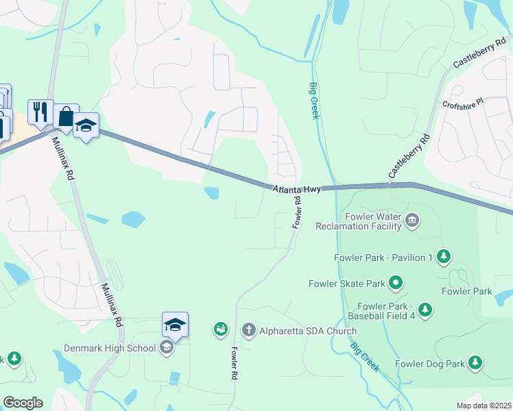 map of restaurants, bars, coffee shops, grocery stores, and more near 4429 Atlanta Highway in Alpharetta