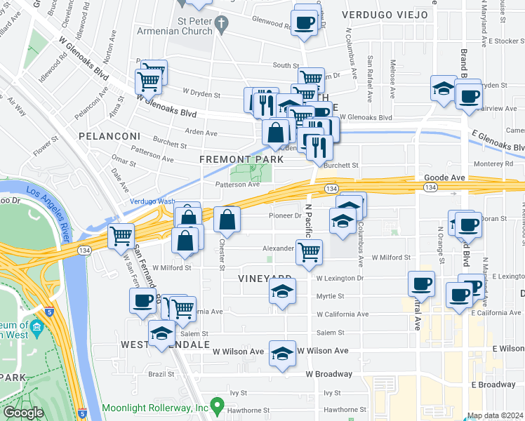 map of restaurants, bars, coffee shops, grocery stores, and more near 615 Pioneer Drive in Glendale