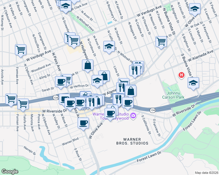 map of restaurants, bars, coffee shops, grocery stores, and more near 210 North Cordova Street in Burbank