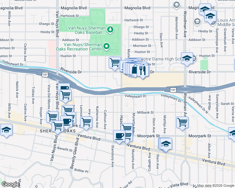 map of restaurants, bars, coffee shops, grocery stores, and more near 4565 Hazeltine Avenue in Los Angeles