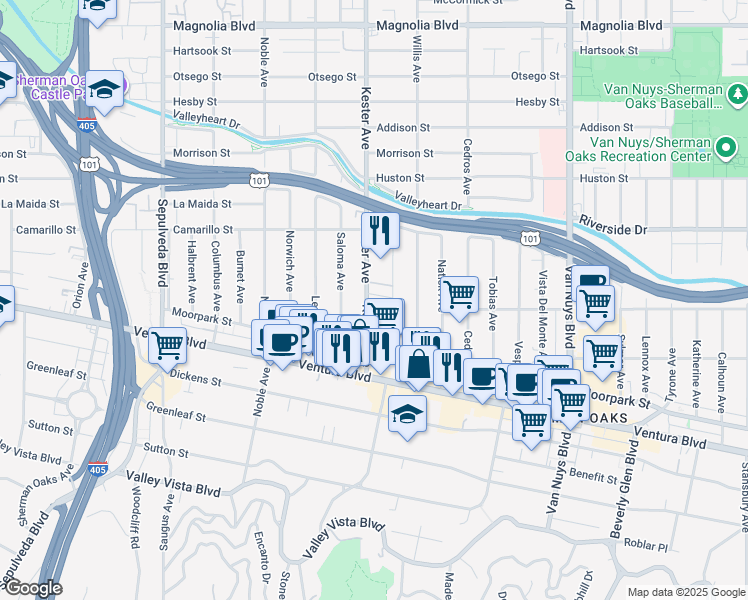 map of restaurants, bars, coffee shops, grocery stores, and more near 4650 Kester Avenue in Los Angeles