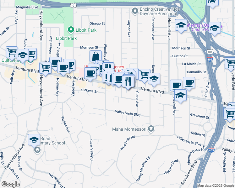 map of restaurants, bars, coffee shops, grocery stores, and more near 16021 Dickens Street in Los Angeles