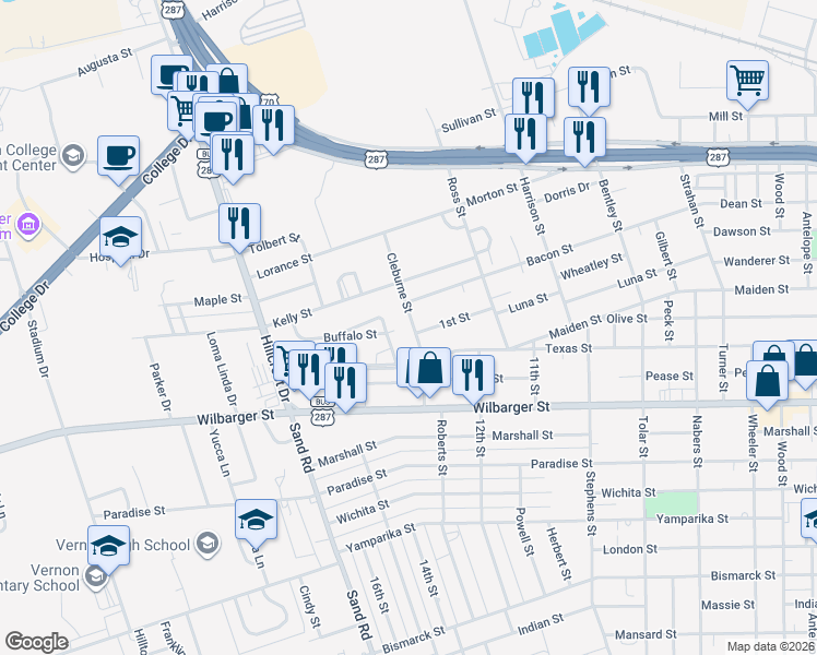 map of restaurants, bars, coffee shops, grocery stores, and more near 1330 Cleburne Street in Vernon