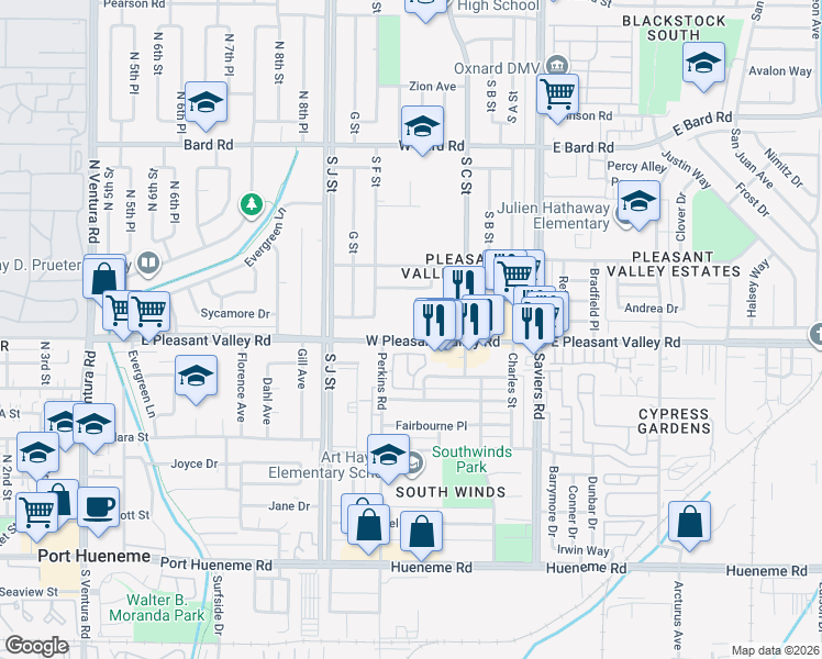 map of restaurants, bars, coffee shops, grocery stores, and more near 463 West Pleasant Valley Road in Oxnard