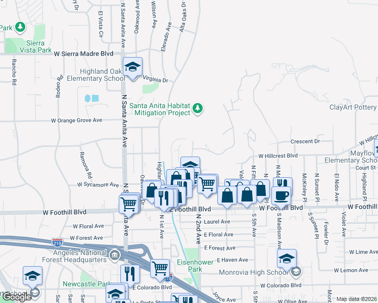 map of restaurants, bars, coffee shops, grocery stores, and more near 1253 Oakhaven Road in Arcadia